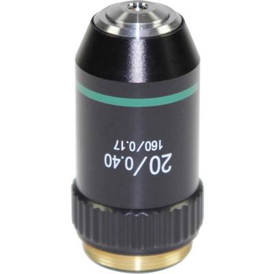 Microscope objective with inscriptions '20/0.40' and '160/0.17', black with a green stripe and metal ring on the underside.