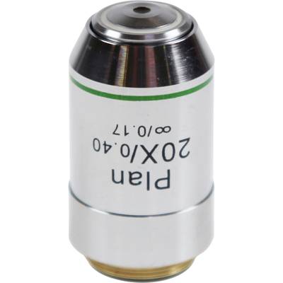 Metallic microscope objective lens with inscription 'Plan 20X/0.40'. Upper section glossy, green stripe marks the edge.