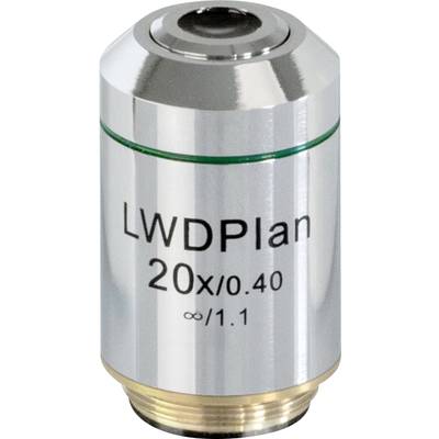 Silver microscope objective lens with engraving 'LWDPlan 20x/0.40 ∞/1.1'. Upper section is glossy, lower section has threading.