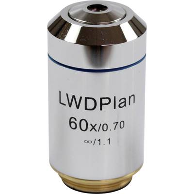 Microscope objective marked 'LWD Plan 60x/0.70 ∞/1.1', silver-coloured, cylindrical, with a conical tip.