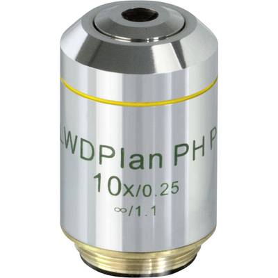 Microscope objective with the inscription 'LWDPlan PH 10x/0.25 ∞/1.1', silver-coloured, cylindrical, for scientific applications.