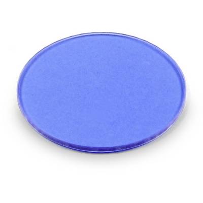 A round, flat, blue button without inscription or pattern on a white background.