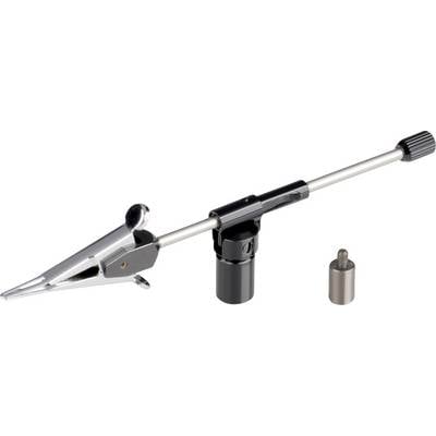 A silver gripping tool with an adjustable arm and black base, alongside a separate metal thread.