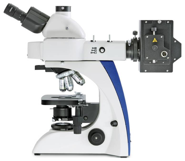 A white microscope with blue accents, including an objective turret and focusing wheels, for scientific investigation.