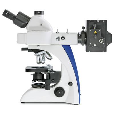 A white microscope with blue accents, including an objective turret and focusing wheels, for scientific investigation.