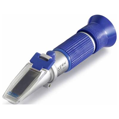 Hand refractometer with blue handle and transparent measurement surface.