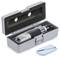 A portable refractometer in an opened, foam-filled case with cleaning accessories. Device for measuring liquid density.