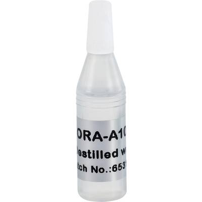 Small, transparent plastic bottle with white cap. The label reads 'Distilled water, Batch No.: 653'.