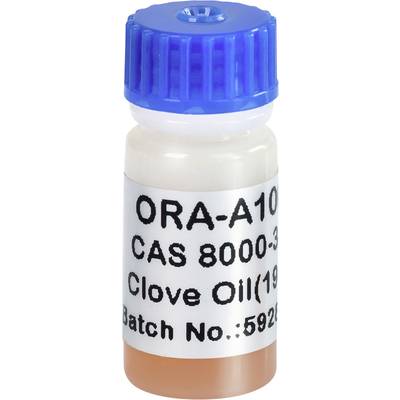 The image shows a small bottle with a blue cap, labelled with 'Clove Oil', 'ORA-A10', 'CAS 8000-3', and 'Batch No: 5926'.