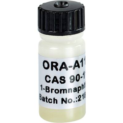 Small glass bottle with black lid, label: 'ORA-A11, CAS 90-1, 1-Bromonaphthalene, Batch No.: 218'. Contains a liquid.