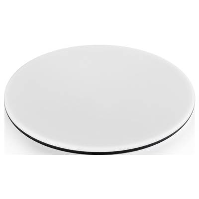 Round, flat, white disc on a white background.<br><br>Note: This translation is already in British English, so no changes were necessary. The sentence uses standard British English vocabulary and spelling.