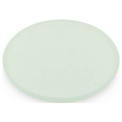 Round, transparent glass disc on a white background.