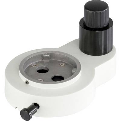 A white, circular microscope accessory with two holes and a black, knurled turning knob on one side.
