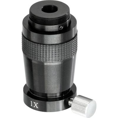 A black, metallic magnifying lens with a textured surface and silver adjustment knob, marked with '1X'.