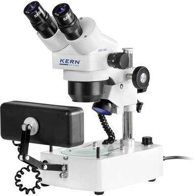 A microscope in laboratory style with two eyepieces and an adjustable objective head. The brand name 'Kern' is visible on the device.