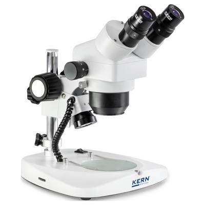 A binocular microscope with fixed lenses, rotatable knobs and a white stand. Suitable for laboratory examinations, brand 'Kern'.