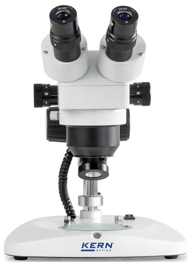 A white stereo microscope with two eyepieces and a single objective lens, mounted on a sturdy stand with illumination equipment underneath.