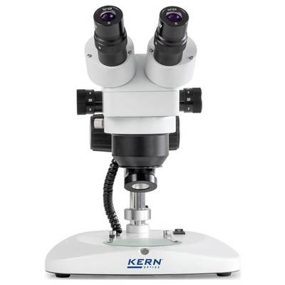A white stereo microscope with two eyepieces and a single objective lens, mounted on a sturdy stand with illumination equipment underneath.