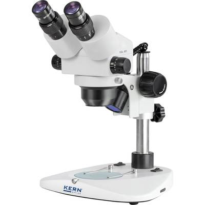 Stereo microscope on a white background. It has two eyepieces and is mounted on a stable base, suitable for precise magnifications.