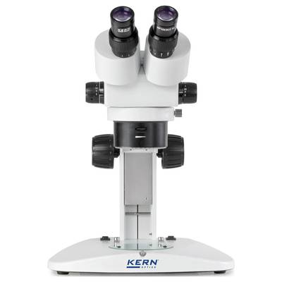 A binocular laboratory microscope stands upright, with adjustment knobs for focusing and two eyepieces for observations.
