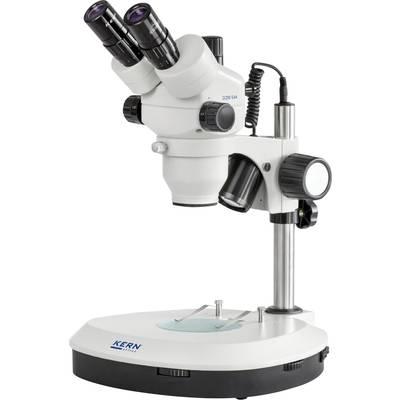 A white stereo microscope with two eyepieces and a stable base for more precise scientific investigations.
