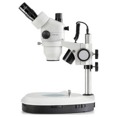 Microscope with magnification optics and adjustable stand for examining samples on a white laboratory bench.