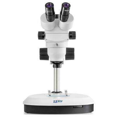 A white binocular microscope on a white base, with two eyepieces and several adjustment dials on the side.