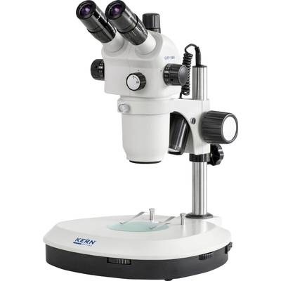 A white stereo microscope with two eyepieces on a sturdy stand. Suitable for scientific analyses and observations.