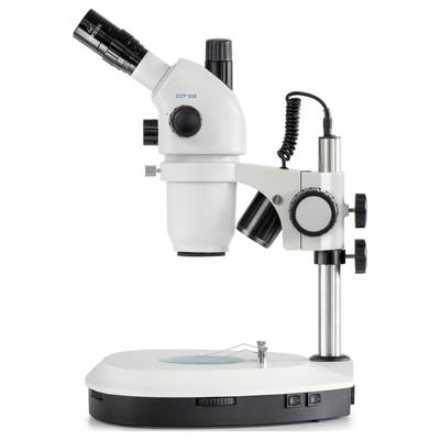 A white stereo microscope on a stable base, with two eyepieces and an adjustable arm for precise observations.