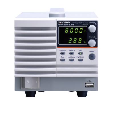 A digital power supply with display shows '800.0 V' and '2.88 A'. It has control buttons and a USB port on the front panel.