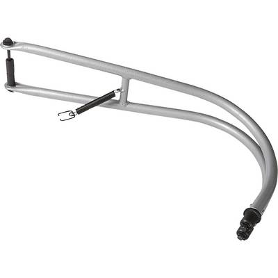 A silver bicycle trailer arm with a spring, used to connect a trailer to a bicycle.