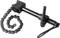 Pipe chain cutter with black metal chain and handle, for cutting pipes, against a white background.
