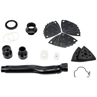 Various accessory parts for a multi-tool, including grinding discs, attachments and adapters, on a white background.
