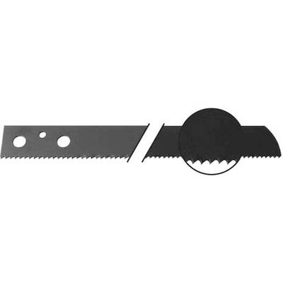 A straight metal saw blade with teeth, two large holes and one small hole. Section enlarged to show tooth configuration.