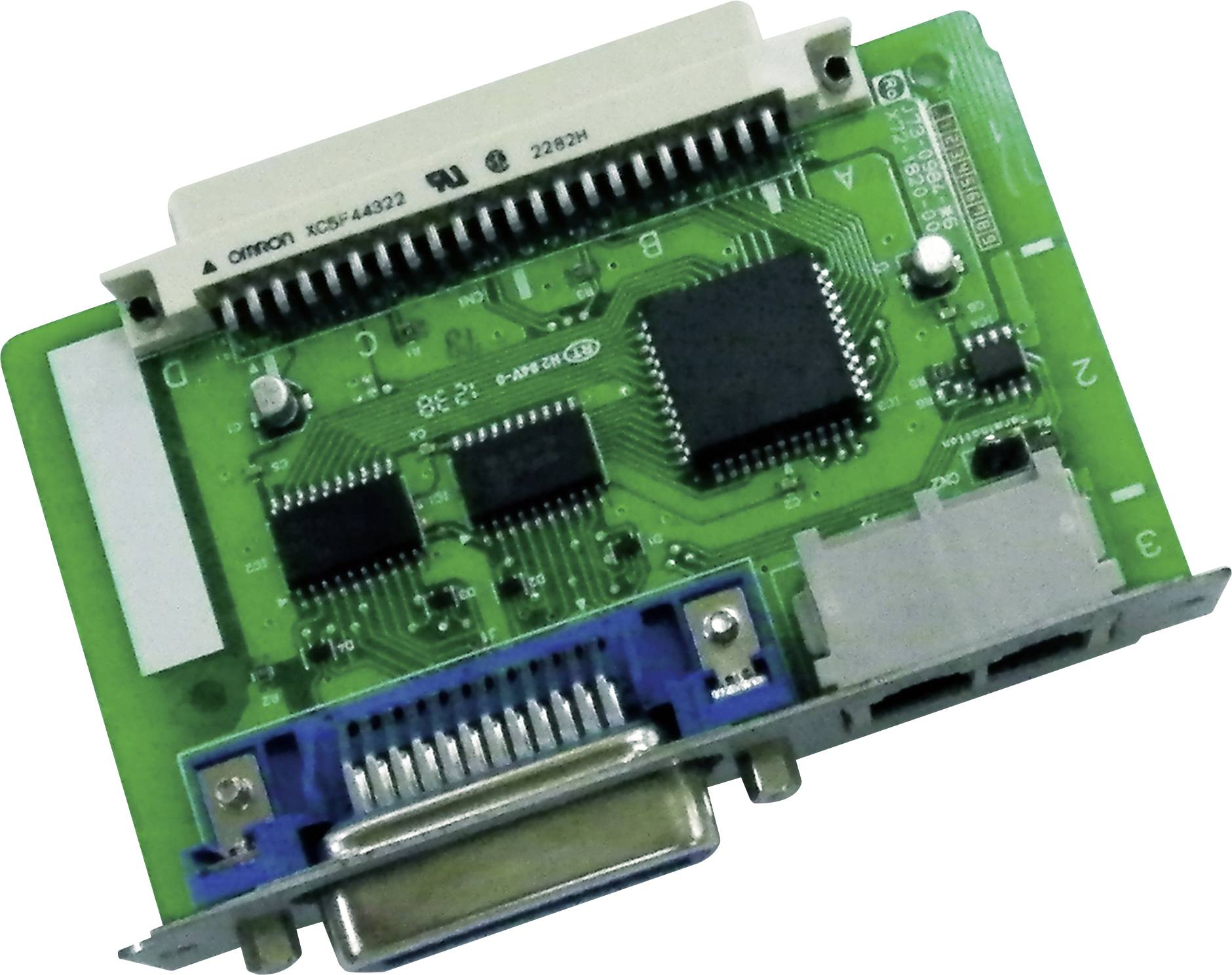Circuit board with multiple computer chips and connectors, including a blue connector. Top label: 'OMRON'.