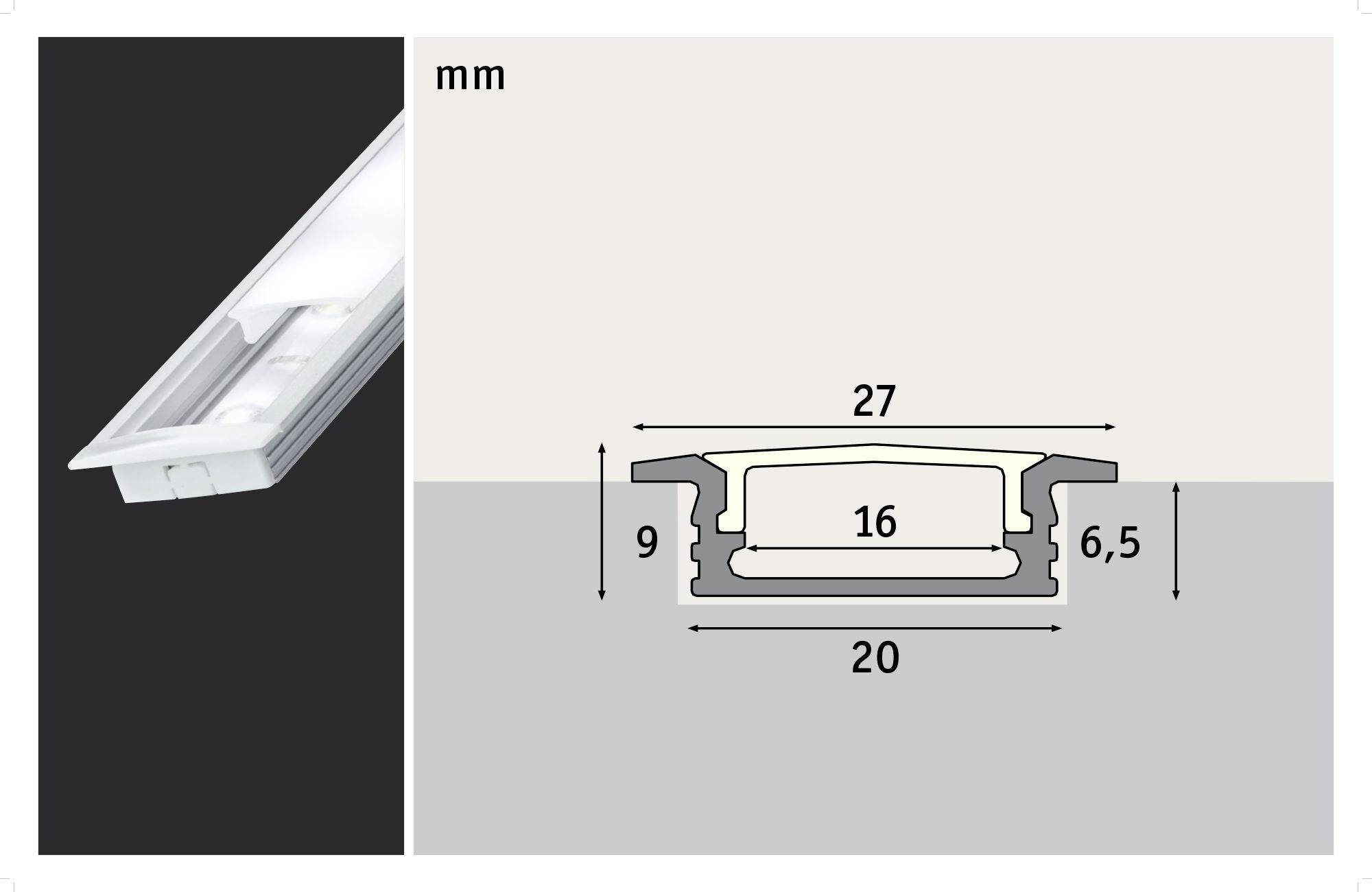 LED profile cross-section: Dimensions 27 mm width, 20 mm base, 9 mm depth, with 6.5 mm side height; shows structure and measurements.