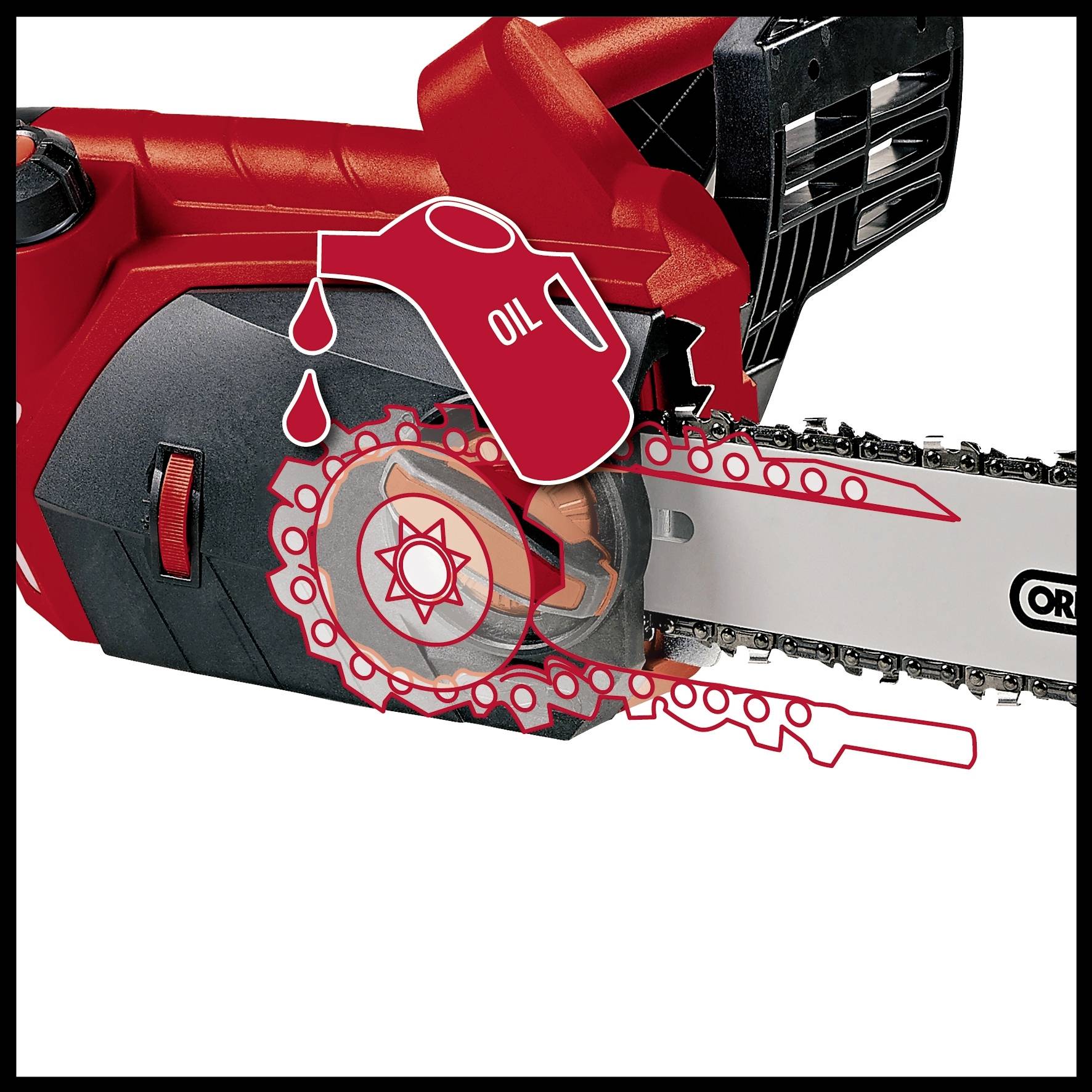 Electric chainsaw in red and black design, with a graphic indicating that oil is required.