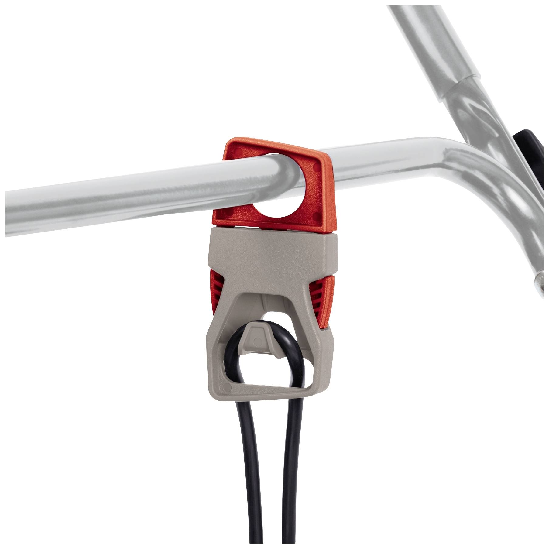 Mounting bracket in red and grey, attached to a silver pipe, holds two black cables in position. Used for cable management.