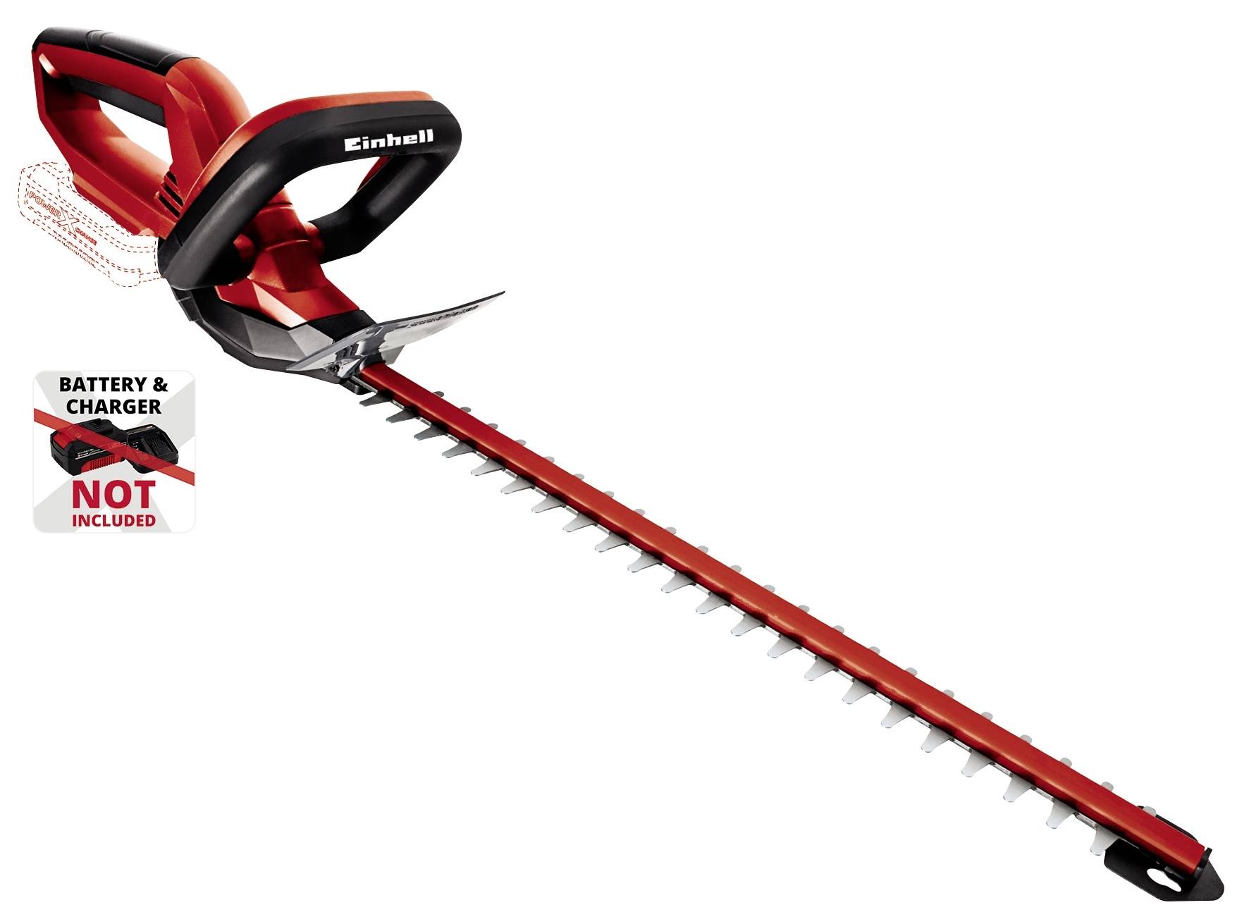 Red hedge trimmer with black handle, brand 'Einhell'. Note: 'Battery and charger not included'.