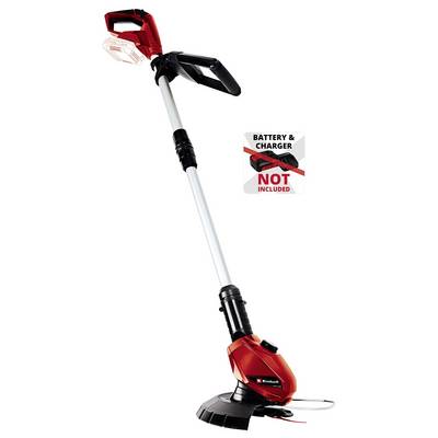 A red lawn trimmer with a black handle and shaft. A note indicates 'Battery & Charger Not Included'.