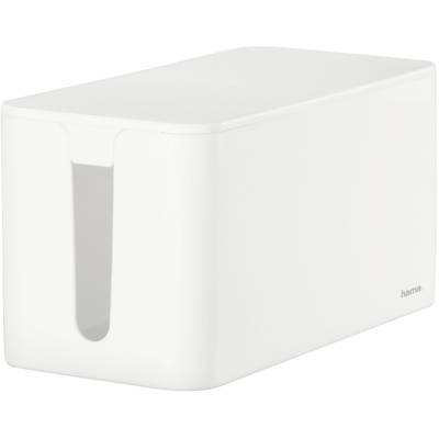 A white cable management box with a cable access slot, placed on a white surface.
