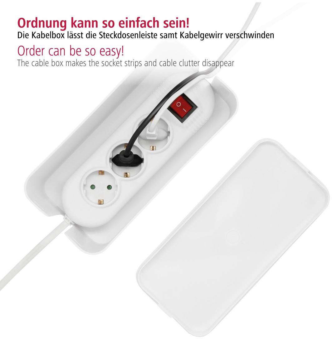 'Organisation can be so simple! The cable box makes the power strip and cable clutter disappear.' White cable box with power strip and cables.
