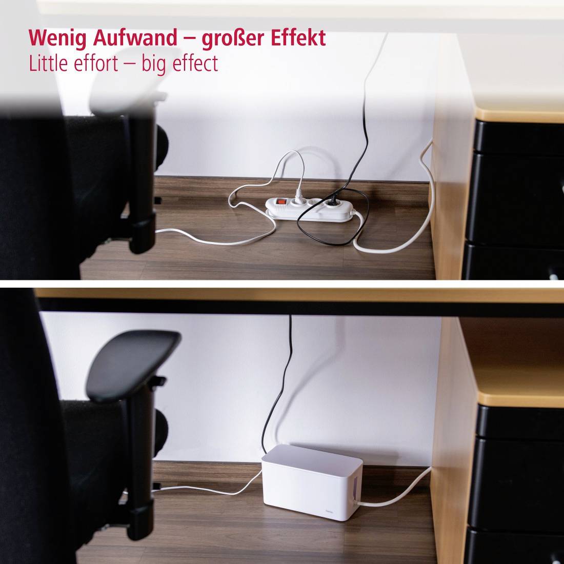 Beneath a table, a power strip with cables is visible. Text in top left: 'Little effort – great effect'.