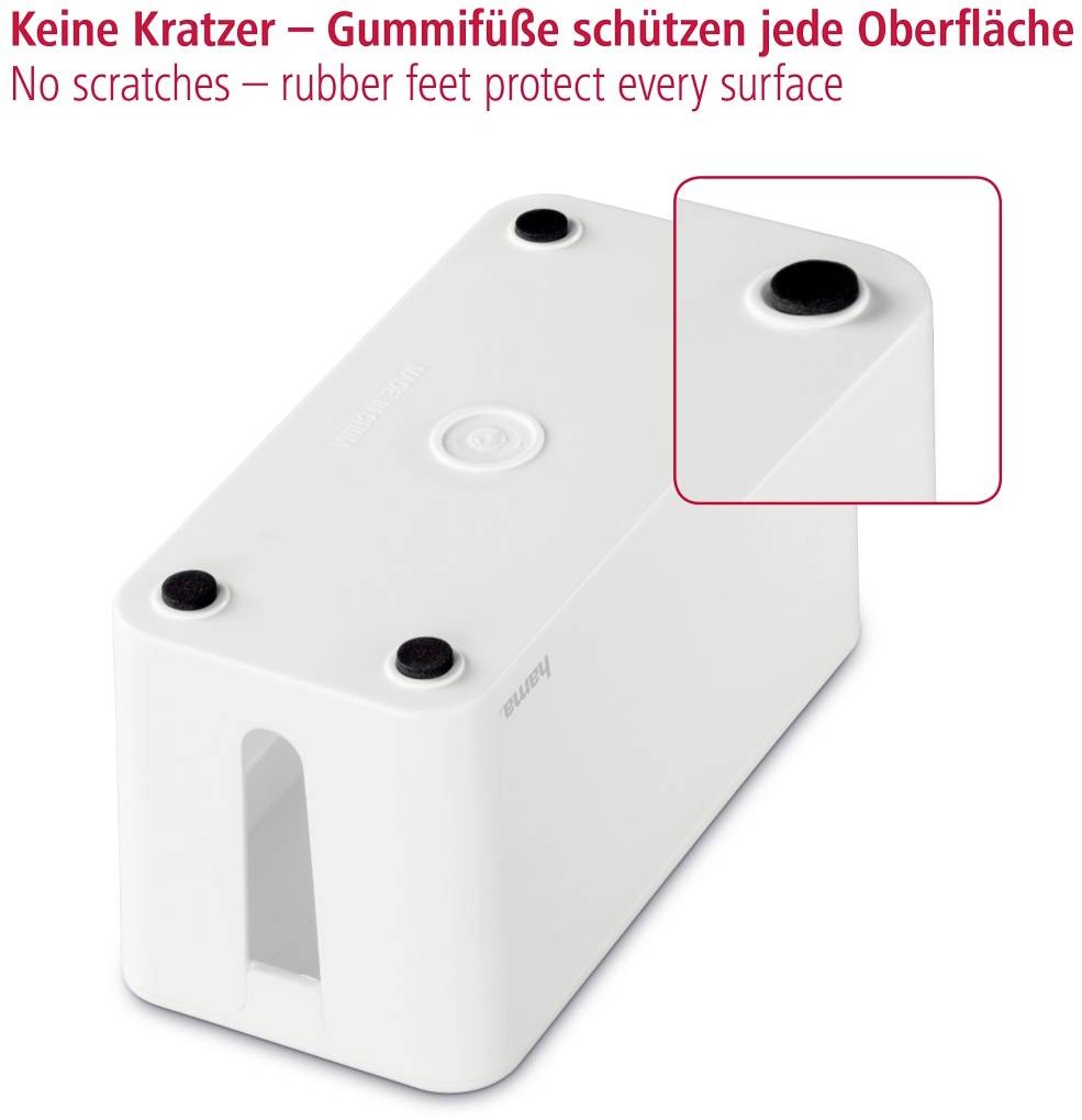 A rectangular white box with four black rubber feet that protect surfaces from scratches.