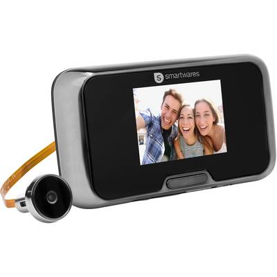 Digital door viewer with display shows an image of people laughing. Contains camera and monitor for surveying the outside area.