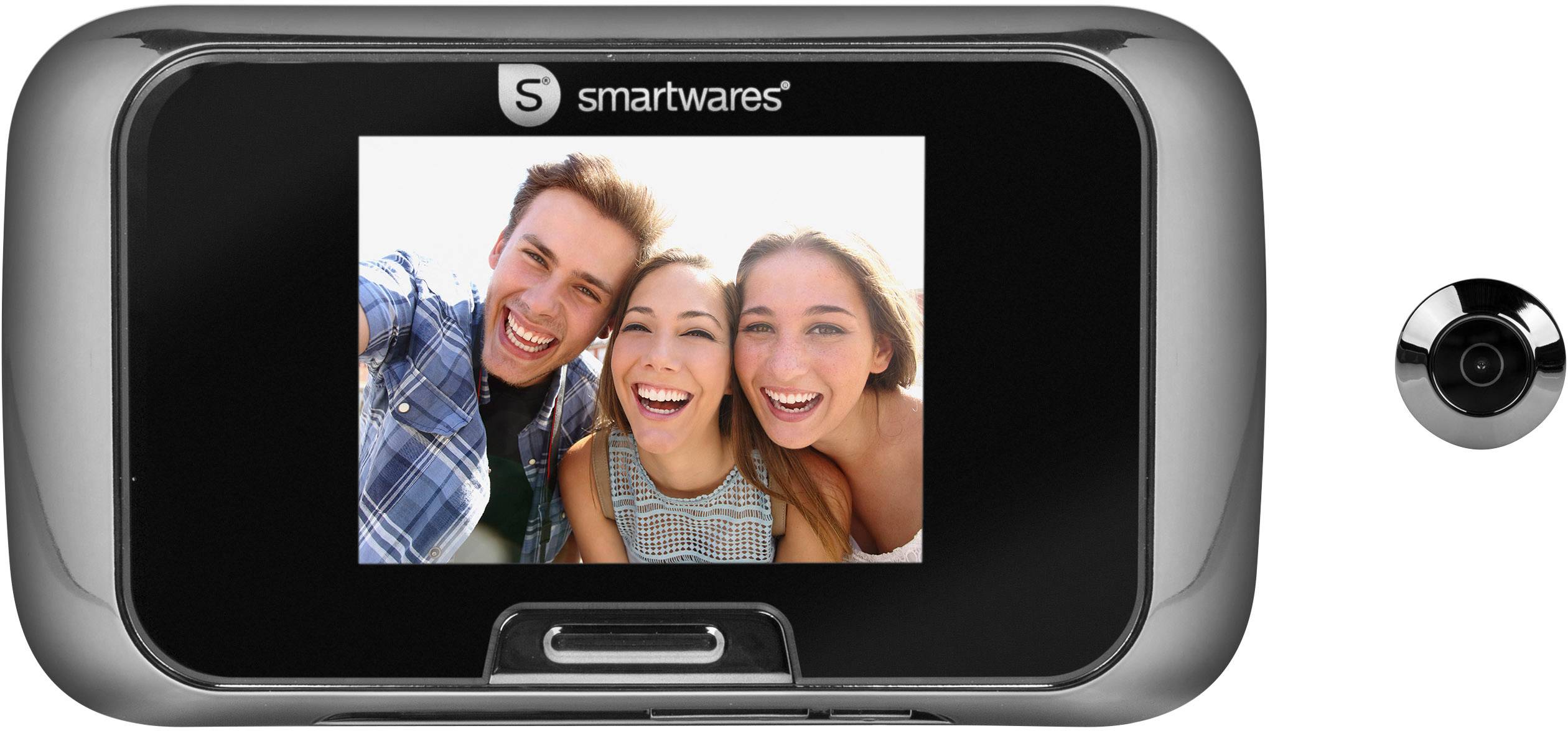 Digital door viewer from Smartwares with display and camera lens. Shows photo of three smiling people. Ideal for home security.