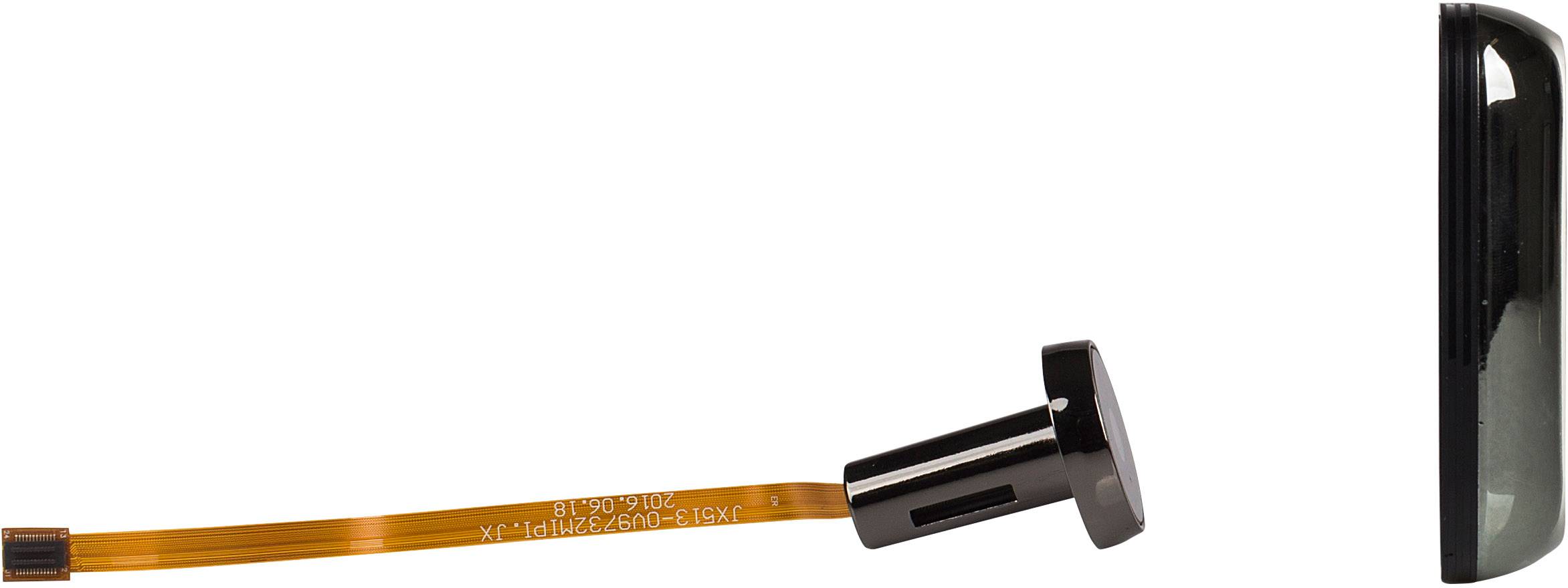 Round electronic component with flat ribbon cable, side view; possibly a sensor, connected to a black housing.