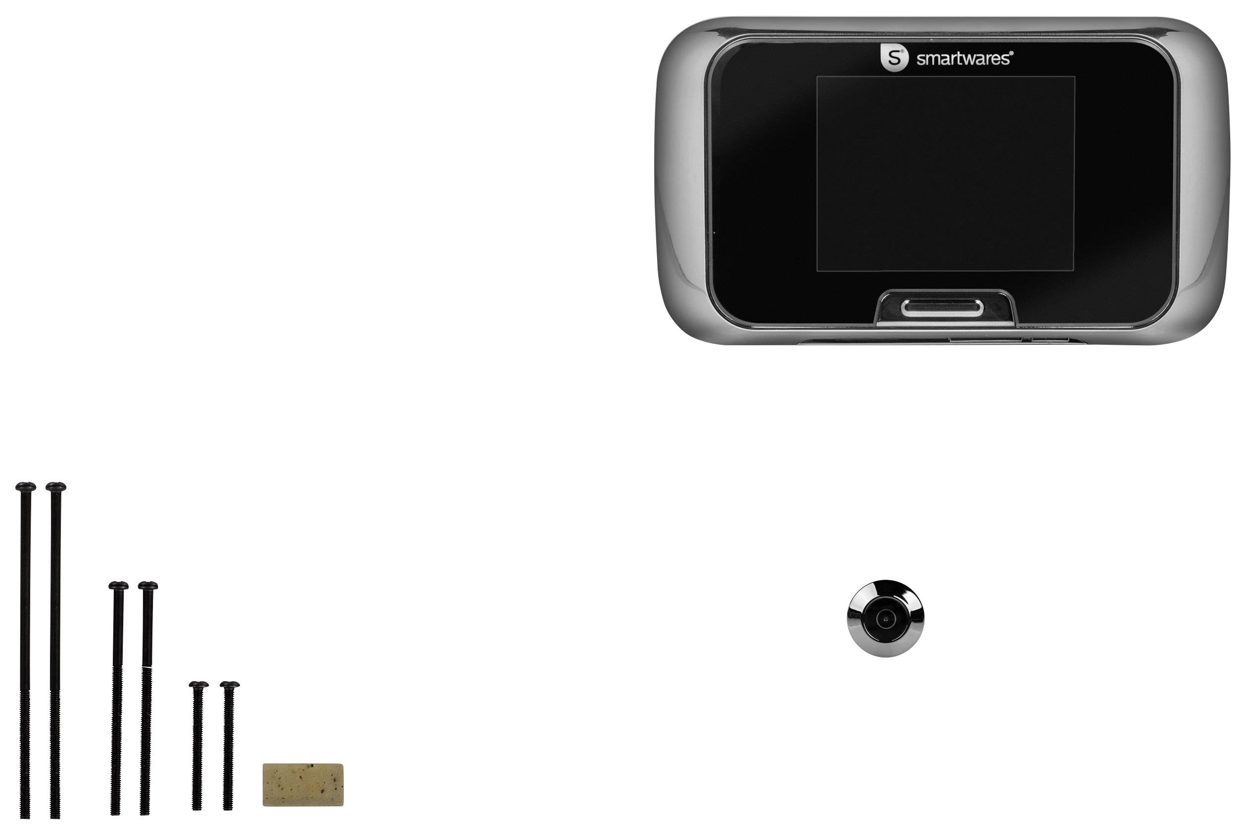 Digital door viewer with screen, camera lens, mounting accessories, and screws, suitable for door surveillance.