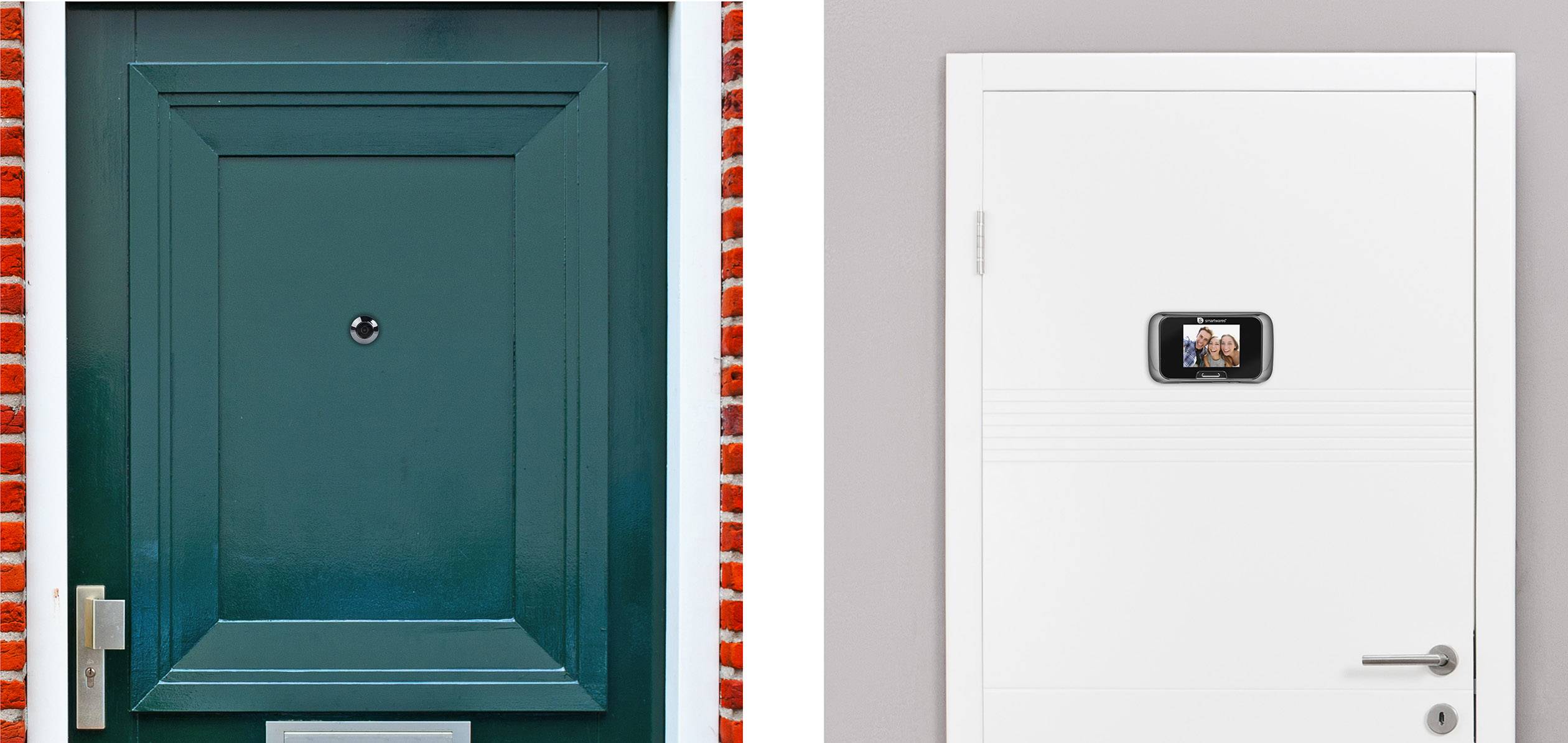 Two doors: On the left, a green wooden door with a peephole, on the right, a white door with a digital screen displaying an image of two people.