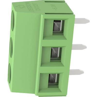 Green 3-pin screw terminal block connector with three wire entry openings and protruding metal pins.<br>